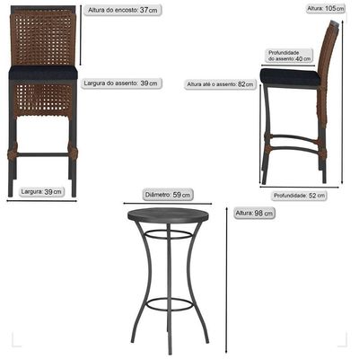 Mesa Bistro E 4 Banquetas Roma Preta Corda Náutica 12 Marrom