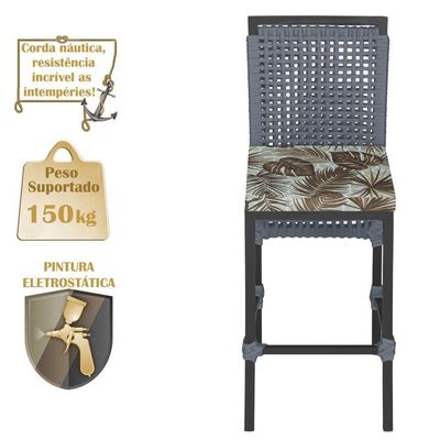 Mesa Bistrô E 4 Banquetas Roma Preta Corda Estofado 6 Trama Prata