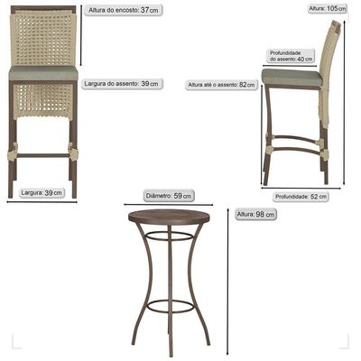 Mesa Bistrô E 4 Banquetas Roma Marrom Corda Estofado 8 Trama Rami