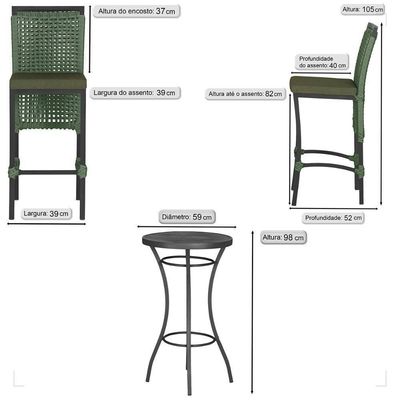 Mesa Bistro E 2 Banquetas Roma Preta Corda Náutica 13 Trama Verde