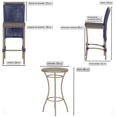 Mesa Bistro E 2 Banquetas Roma Fendi Corda Náutica 11 Azul