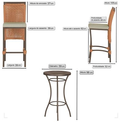 Mesa Bistrô E 2 Banquetas Roma Marrom Corda Estofado 7 Trama Terra Cota