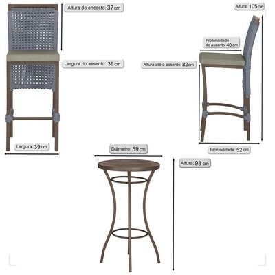 Mesa Bistrô E 4 Banquetas Roma Marrom Corda Estofado 8 Trama Prata
