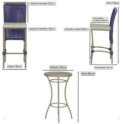 Mesa Bistrô Com 4 Banquetas Roma Fendi Corda Náutica 3 Trama Azul