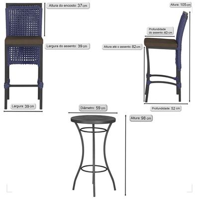 Mesa Bistrô E 2 Banquetas Roma Preta Corda Estofado 9 Trama Azul