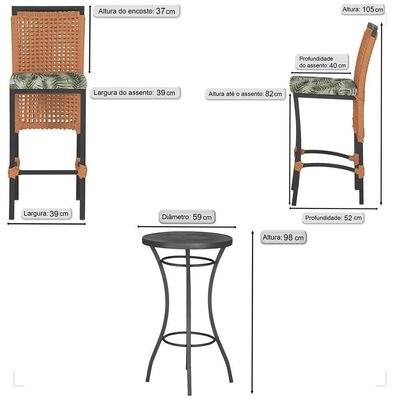 Mesa Bistrô 2 Banquetas Roma Preta Náutica Estofado 5 Trama Terra Cota