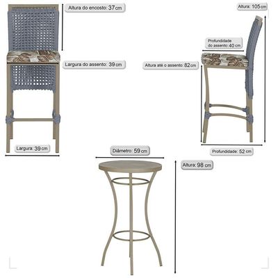 Mesa Bistrô E 4 Banquetas Roma Fendi Corda Estofado 6 Trama Prata