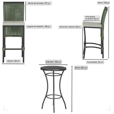 Mesa Bistrô Com 2 Banquetas Roma Preta Corda Náutica 3 Trama Verde