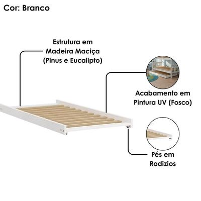 Cama Auxiliar Solteiro Madeira Maciça 715b Branco Lavado Marjori Branco Lavado