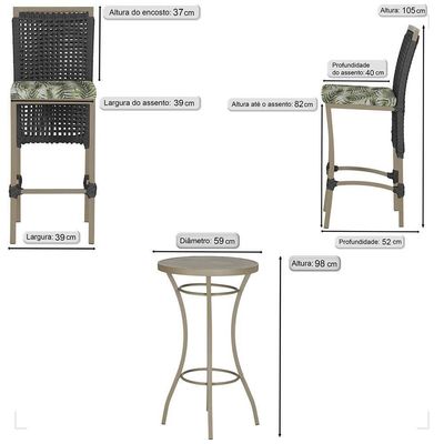 Mesa Bistrô E 4 Banquetas Roma Fendi Corda Estofado 5 Trama Preto