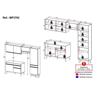 Armário Cozinha Modulada Compacta 252cm Com Balcão Veneza Multimóveis Mp3762 Preto/dourado
