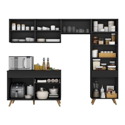 Armário Cozinha Modulada Compacta 252cm Com Balcão Veneza Multimóveis Mp3762 Preto/dourado