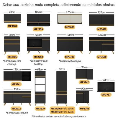 Armário Cozinha Modulada Compacta 252cm Com Balcão Veneza Multimóveis Mp3762 Preto/dourado