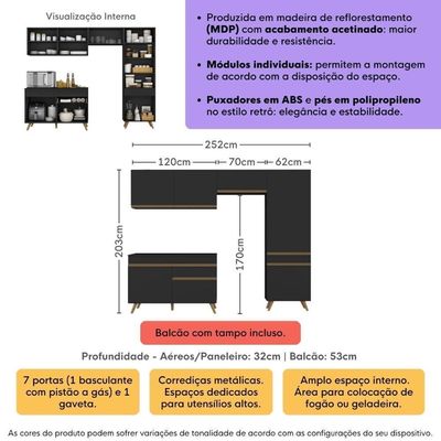 Armário Cozinha Modulada Compacta 252cm Com Balcão Veneza Multimóveis Mp3762 Preto/dourado