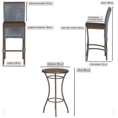Mesa Bistrô E 4 Banquetas Roma Marrom Corda Estofado 9 Trama Prata