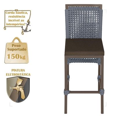 Mesa Bistrô E 4 Banquetas Roma Marrom Corda Estofado 9 Trama Prata