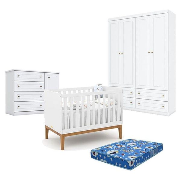 Quarto De Bebê Americano 4 Portas Com Berço Americano Unique Branco Soft Eco Wood - Matic - Henn E Colchão Ortobom