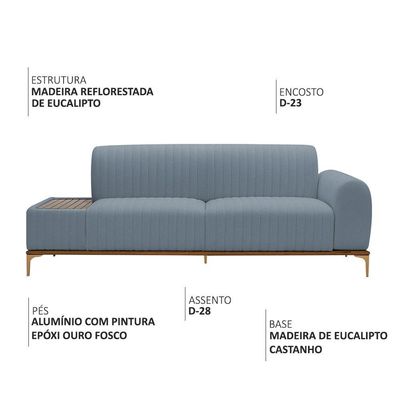 Sofá Molino 3 Lugares 180cm C/mesa Auxiliar Direito Pés Ouro.f Bouclé Azul Claro - Nexta Casa