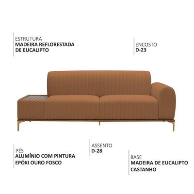 Sofá Molino 3 Lugares 210cm C/mesa Auxiliar Direito Pés Ouro.f Bouclé Terracota - Nexta Casa
