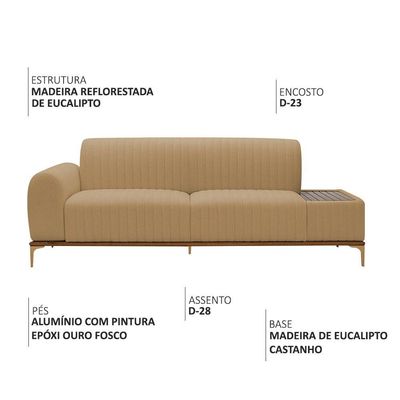 Sofá Molino 3 Lugares 210cm C/mesa Auxiliar Esquerdo Pés Ouro.f Bouclé Camel - Nexta Casa