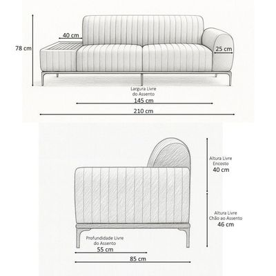 Sofá Molino 3 Lugares 210cm C/mesa Auxiliar Direito Pés Ouro.f Bouclé Terracota - Nexta Casa