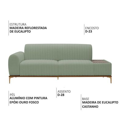 Sofá Molino 3 Lugares 210cm C/mesa Auxiliar Esquerdo Pés Ouro.f Bouclé Verde Claro - Nexta Casa