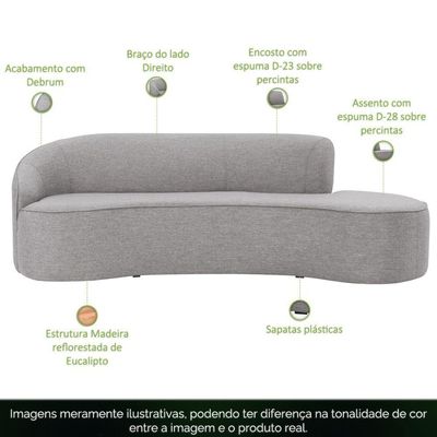 Sofá Curvo 03 Lugares 180cm Eron Braço Direito Linho Cinza Claro - Nexta Casa