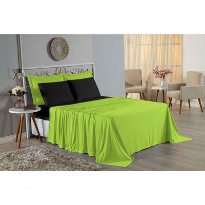 Jogo De Cama Solteiro Nobre 3 Peças Lençol Com Elástico De 30cm De Altura Malha 100% Algodão - Pistache / Preto