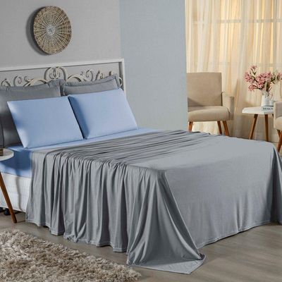 Jogo De Cama Solteiro Nobre 3 Peças Lençol Com Elástico De 30cm De Altura Malha 100% Algodão - Cinza / Azul-bebê