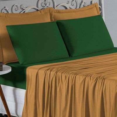 Jogo De Cama Queen Nobre 4 Peças Lençol Com Elástico De 30cm De Altura Malha 100% Algodão - Cobre / Verde-bandeira