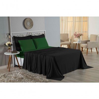 Jogo De Cama Solteiro Nobre 3 Peças Lençol Com Elástico De 30cm De Altura Malha 100% Algodão - Preto / Verde-bandeira