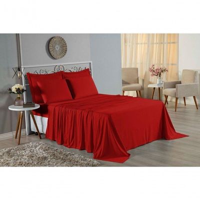 Jogo De Cama Solteiro Nobre 3 Peças Lençol Com Elástico De 30cm De Altura Malha 100% Algodão - Vermelho