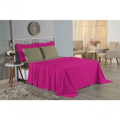Jogo De Cama Solteiro Nobre 3 Peças Lençol Com Elástico De 30cm De Altura Malha 100% Algodão - Pink / Avelã