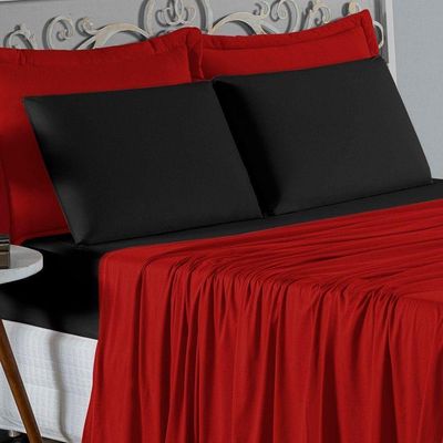 Jogo De Cama King Nobre 4 Peças Lençol Com Elástico De 30cm De Altura Malha 100% Algodão - Vermelho / Preto