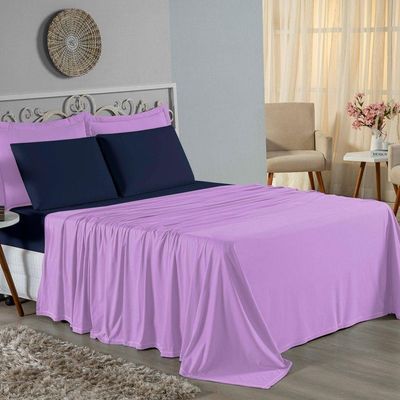 Jogo De Cama Solteiro Nobre 3 Peças Lençol Com Elástico De 30cm De Altura Malha 100% Algodão - Lilás / Azul-marinho