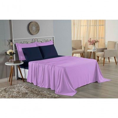 Jogo De Cama Solteiro Nobre 3 Peças Lençol Com Elástico De 30cm De Altura Malha 100% Algodão - Lilás / Azul-marinho