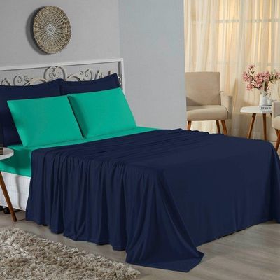 Jogo De Cama Solteiro Nobre 3 Peças Lençol Com Elástico De 30cm De Altura Malha 100% Algodão - Azul-marinho / Jade