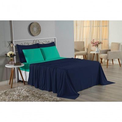 Jogo De Cama Solteiro Nobre 3 Peças Lençol Com Elástico De 30cm De Altura Malha 100% Algodão - Azul-marinho / Jade