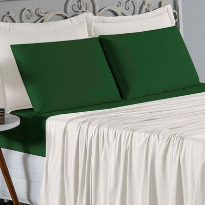 Jogo De Cama King Nobre 4 Peças Lençol Com Elástico De 30cm De Altura Malha 100% Algodão - Palha / Verde-bandeira
