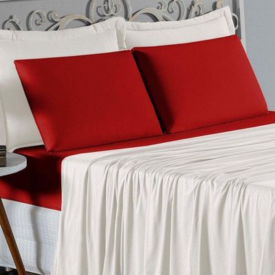 Jogo De Cama Queen Nobre 4 Peças Lençol Com Elástico De 30cm De Altura Malha 100% Algodão - Palha / Vermelho