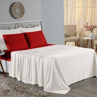 Jogo De Cama Queen Nobre 4 Peças Lençol Com Elástico De 30cm De Altura Malha 100% Algodão - Palha / Vermelho