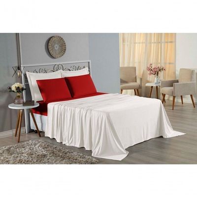 Jogo De Cama Queen Nobre 4 Peças Lençol Com Elástico De 30cm De Altura Malha 100% Algodão - Palha / Vermelho