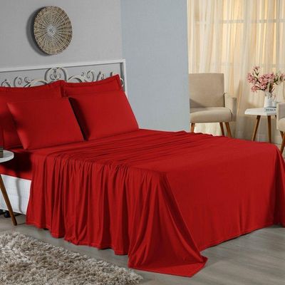 Jogo De Cama Casal Nobre 4 Peças Lençol Com Elástico De 30cm De Altura Malha 100% Algodão - Vermelho