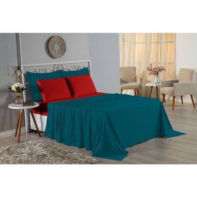 Jogo De Cama Casal Nobre 4 Peças Lençol Com Elástico De 30cm De Altura Malha 100% Algodão - Petróleo / Vermelho