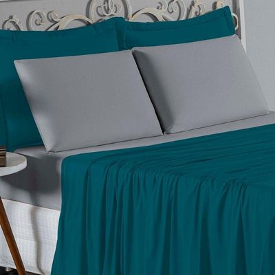 Jogo De Cama Casal Nobre 4 Peças Lençol Com Elástico De 30cm De Altura Malha 100% Algodão - Petróleo / Cinza