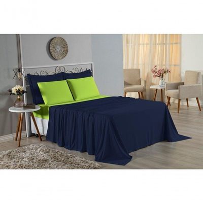 Jogo De Cama Casal Nobre 4 Peças Lençol Com Elástico De 30cm De Altura Malha 100% Algodão - Azul-marinho / Pistache