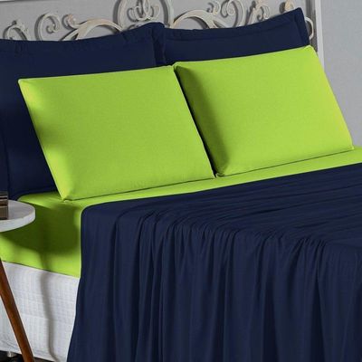 Jogo De Cama Casal Nobre 4 Peças Lençol Com Elástico De 30cm De Altura Malha 100% Algodão - Azul-marinho / Pistache