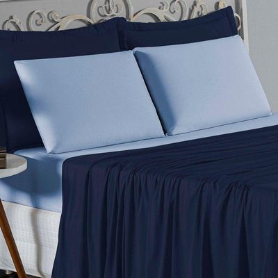 Jogo De Cama Casal Nobre 4 Peças Lençol Com Elástico De 30cm De Altura Malha 100% Algodão - Azul-marinho / Azul-bebê