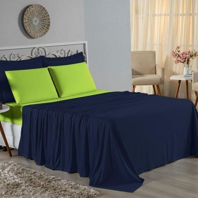 Jogo De Cama Casal Nobre 4 Peças Lençol Com Elástico De 30cm De Altura Malha 100% Algodão - Azul-marinho / Pistache