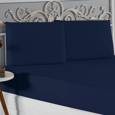 Jogo De Cama Queen Nobre 3 Peças Lençol Com Elástico De 30cm De Altura Malha 100% Algodão - Azul-marinho